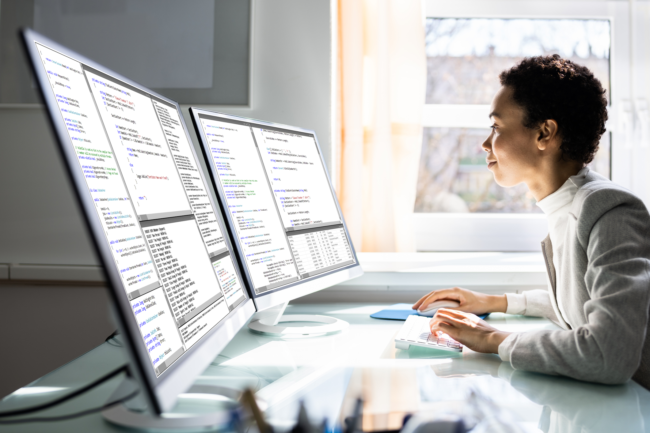 A woman at a set of computer monitors.
